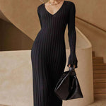 Casual Waist-skimming V-neck Large Pit-striped Slim Knitted Maxi Dress For Women - EX-STOCK CANADA
