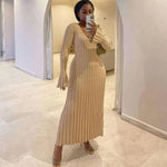 Casual Waist-skimming V-neck Large Pit-striped Slim Knitted Maxi Dress For Women - EX-STOCK CANADA