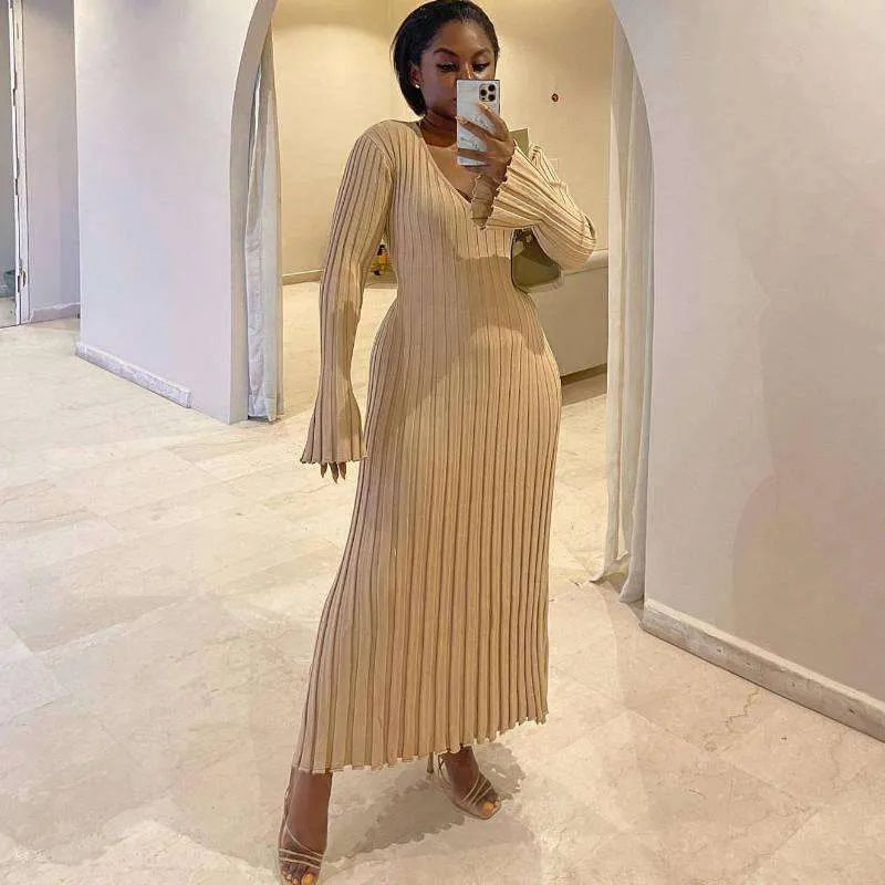 Casual Waist-skimming V-neck Large Pit-striped Slim Knitted Maxi Dress For Women - EX-STOCK CANADA