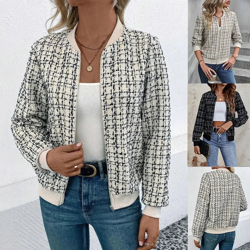 Autumn Winter Casual Long Sleeve plaid Houndstooth  zipper outwear jacket women