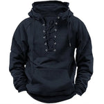 Men's Outdoor Retro Lace-up Hooded Long-sleeved T-shirt Casual Pullover top sweatshirt