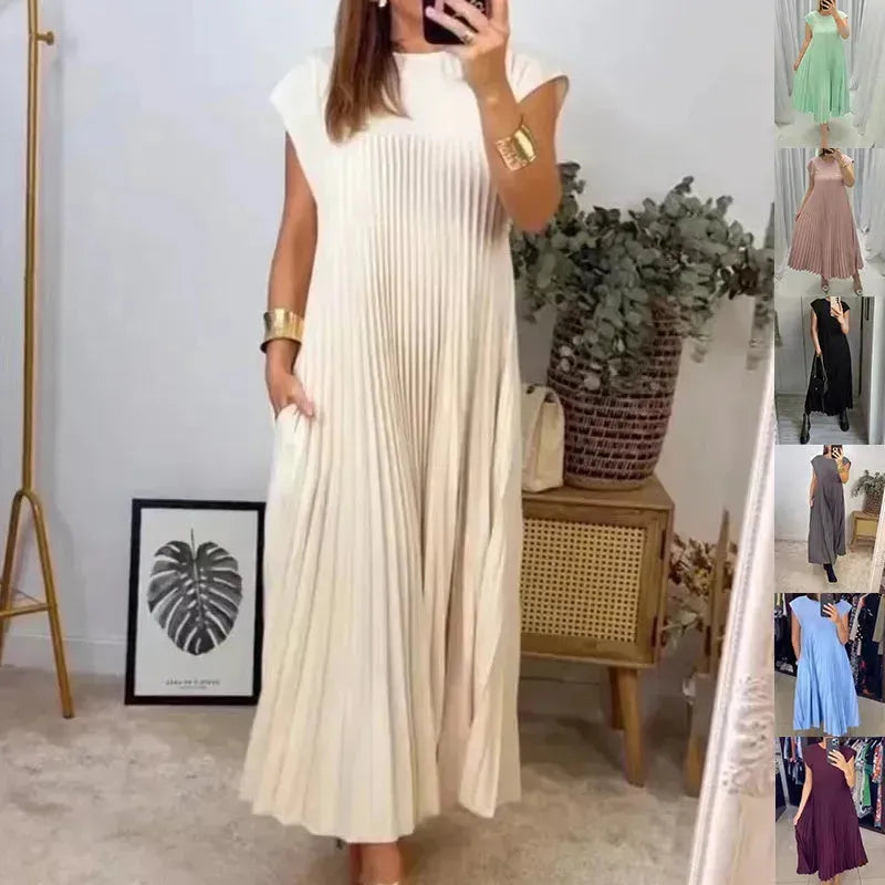 Short Sleeve Pleated Long Maxi  Dress Summer Round Neck Swing Dress Women's Clothing