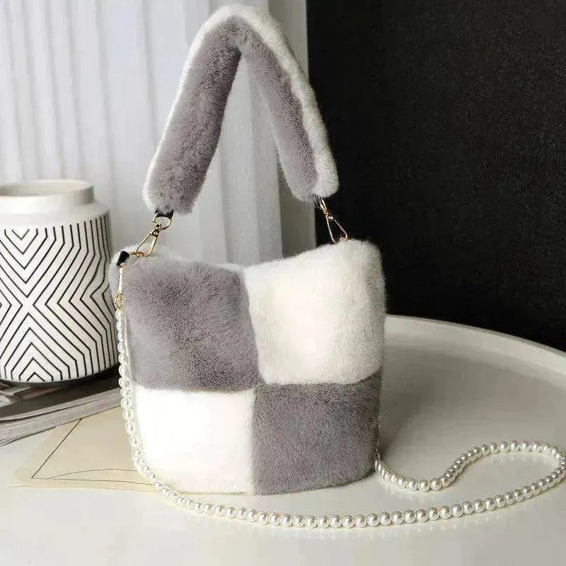 Checkerboard Plush Bucket Bag With Pearl Chain - EX-STOCK CANADA