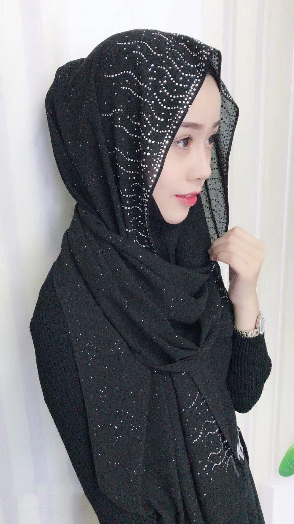 Chiffon Silver Diamond Fashion Arab Scarf - EX-STOCK CANADA