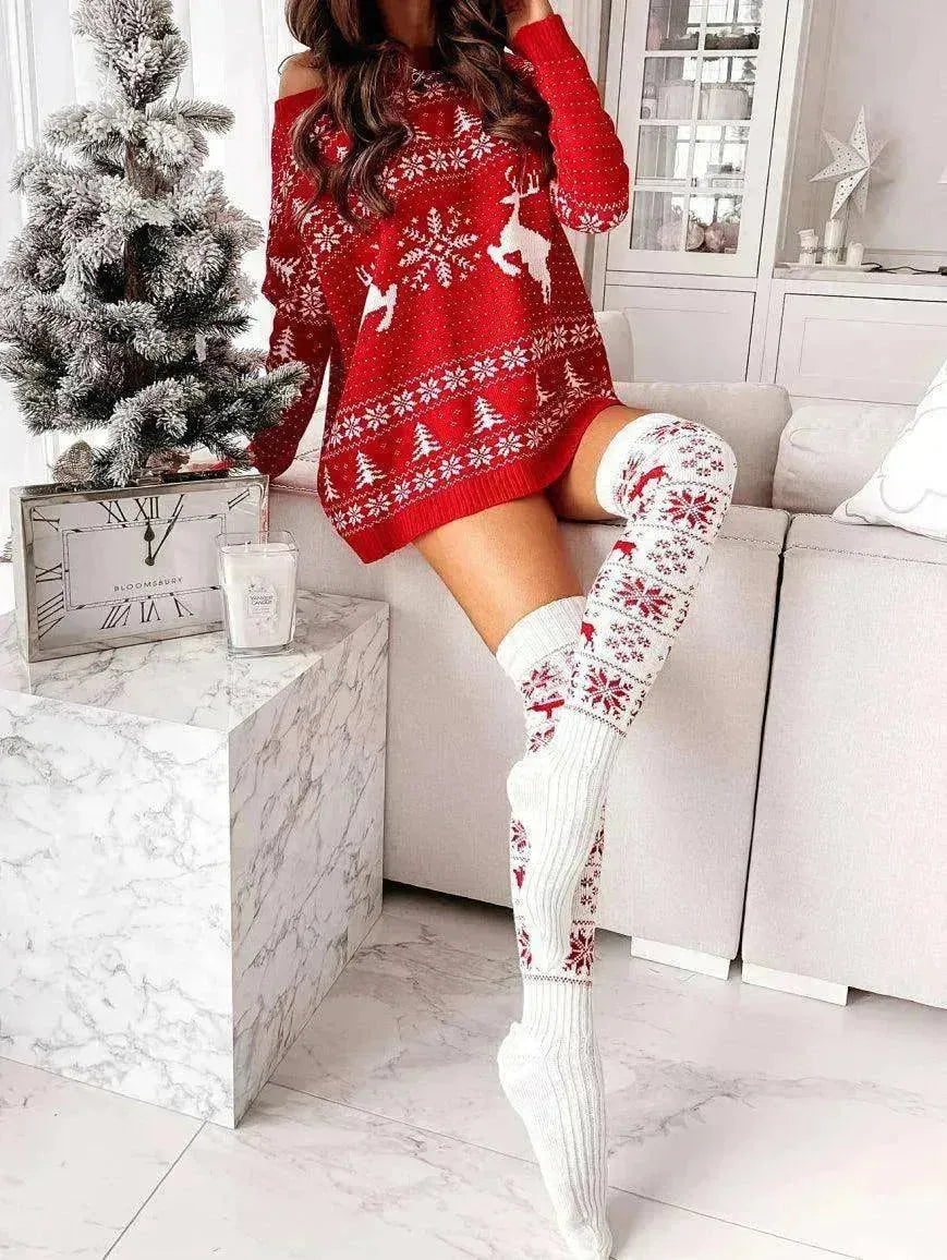 Christmas Knitted Cotton Woolen Thigh-High Deer Socks - EX-STOCK CANADA