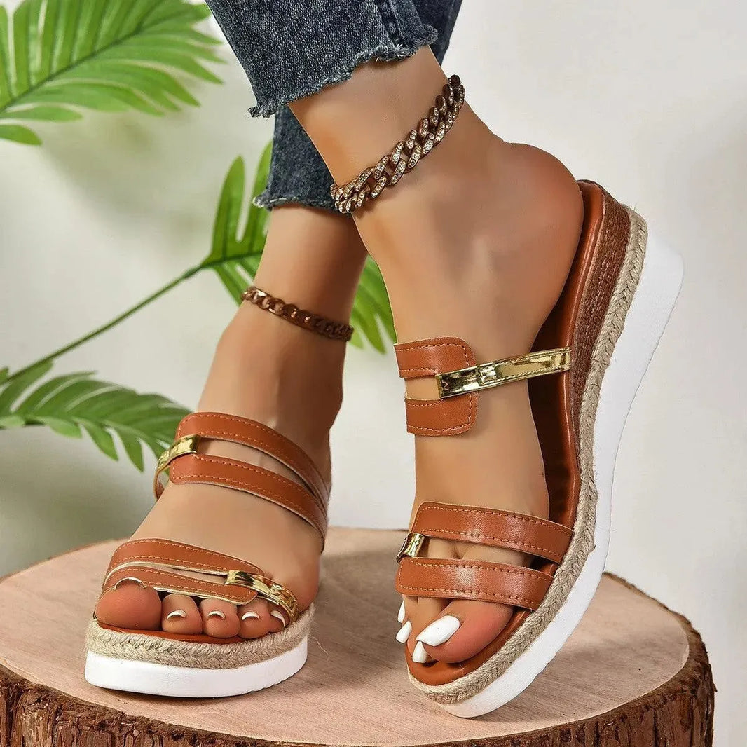 Colorblock-strap Wedges Sandals Summer Fashion Hemp Heel Slides Slippers Outdoor Thick Bottom Fish Mouth Shoes For Women - EX-STOCK CANADA