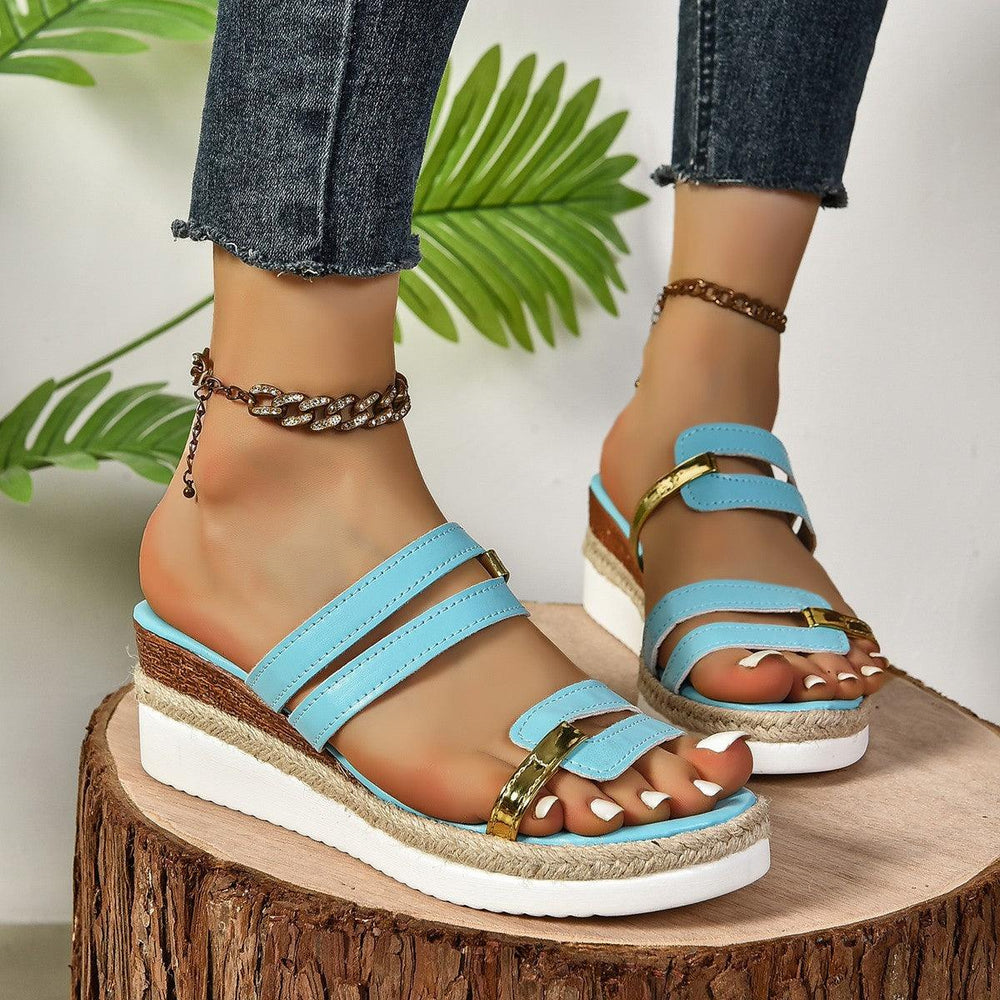 Colorblock-strap Wedges Sandals Summer Fashion Hemp Heel Slides Slippers Outdoor Thick Bottom Fish Mouth Shoes For Women - EX-STOCK CANADA