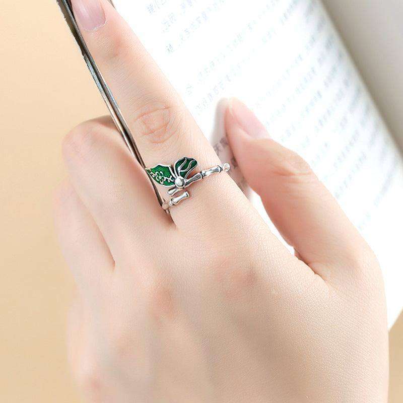 Colorful stylish and simple Enamel Bamboo Butterfly Copper Plated Silver Ring - EX-STOCK CANADA