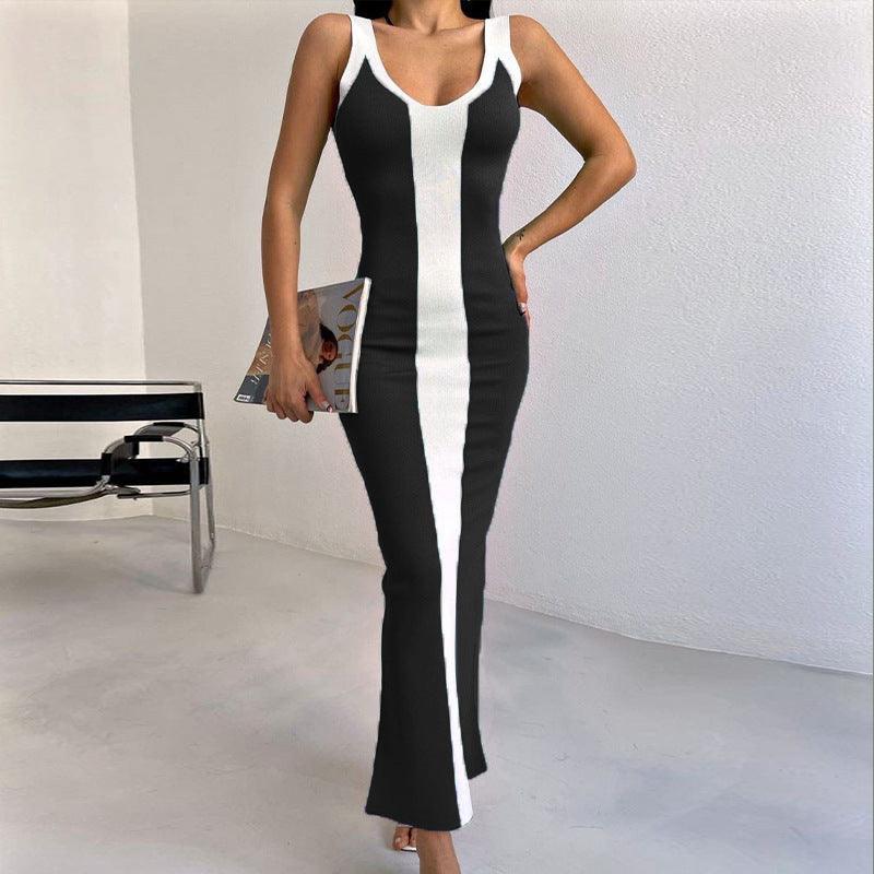 Contrast Color Knitted Mid-length Tight Braces Dress Women - EX-STOCK CANADA