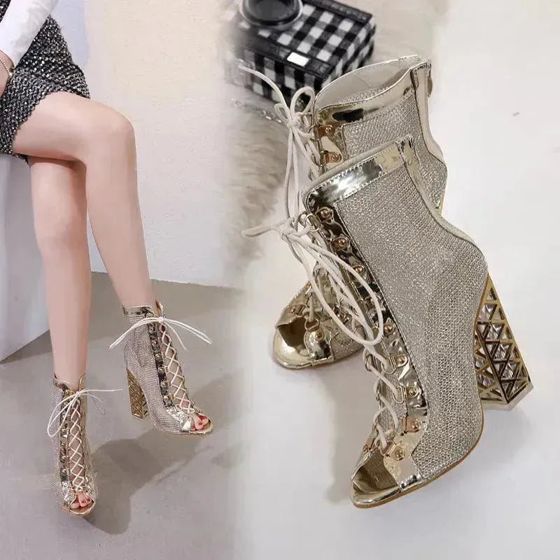 Crystal thick heel mesh hollow high heel - EX-STOCK CANADA