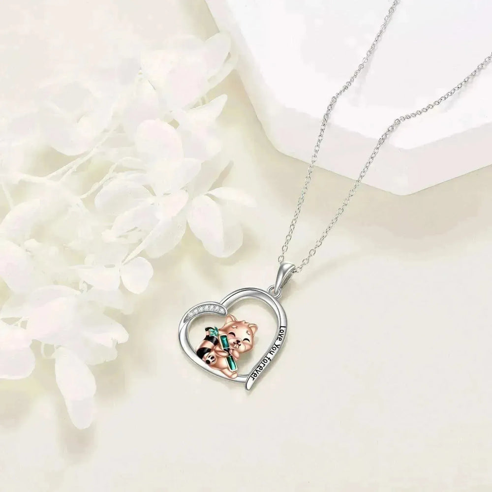 Cute Red Panda inside Heart Sterling 925 Silver Necklace - EX-STOCK CANADA