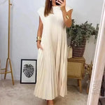 Short Sleeve Pleated Long Maxi  Dress Summer Round Neck Swing Dress Women's Clothing