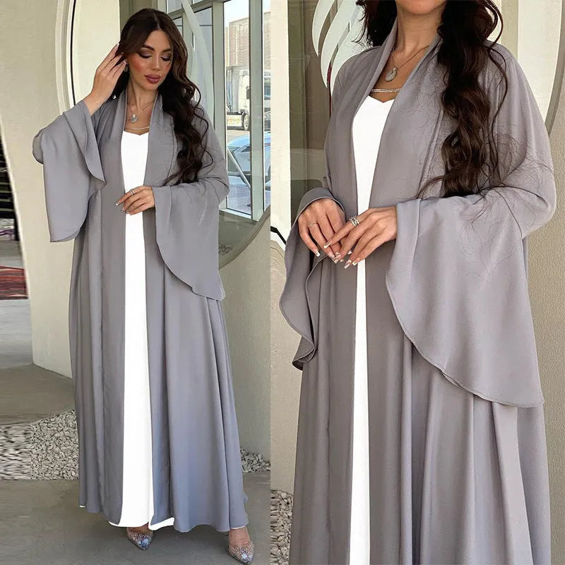 Abaya two piece set Elegant Satin  Plain Color Abaya Kimono Open front Abaya Dubai Abaya wear for Middle East Women