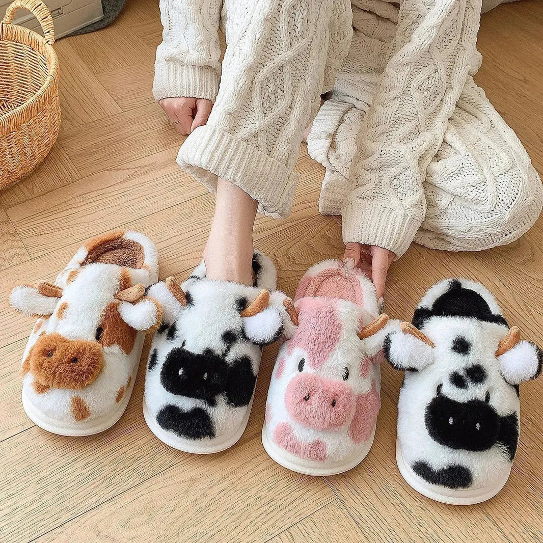 Lindas zapatillas de peluche de vaca de dibujos animados de invierno tibio interior de dormitorio interior zapatillas borrosas pareja de casas sin deslizamiento