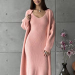 2pcs Knitted Suit Fashion Slim Sleeveless Long Dress And Casual Loose Cardigan Spring Fall Women's Clothing