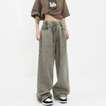 Retro Worn Looking Washed-out Drawstring Baggy Jeans Pant For Women