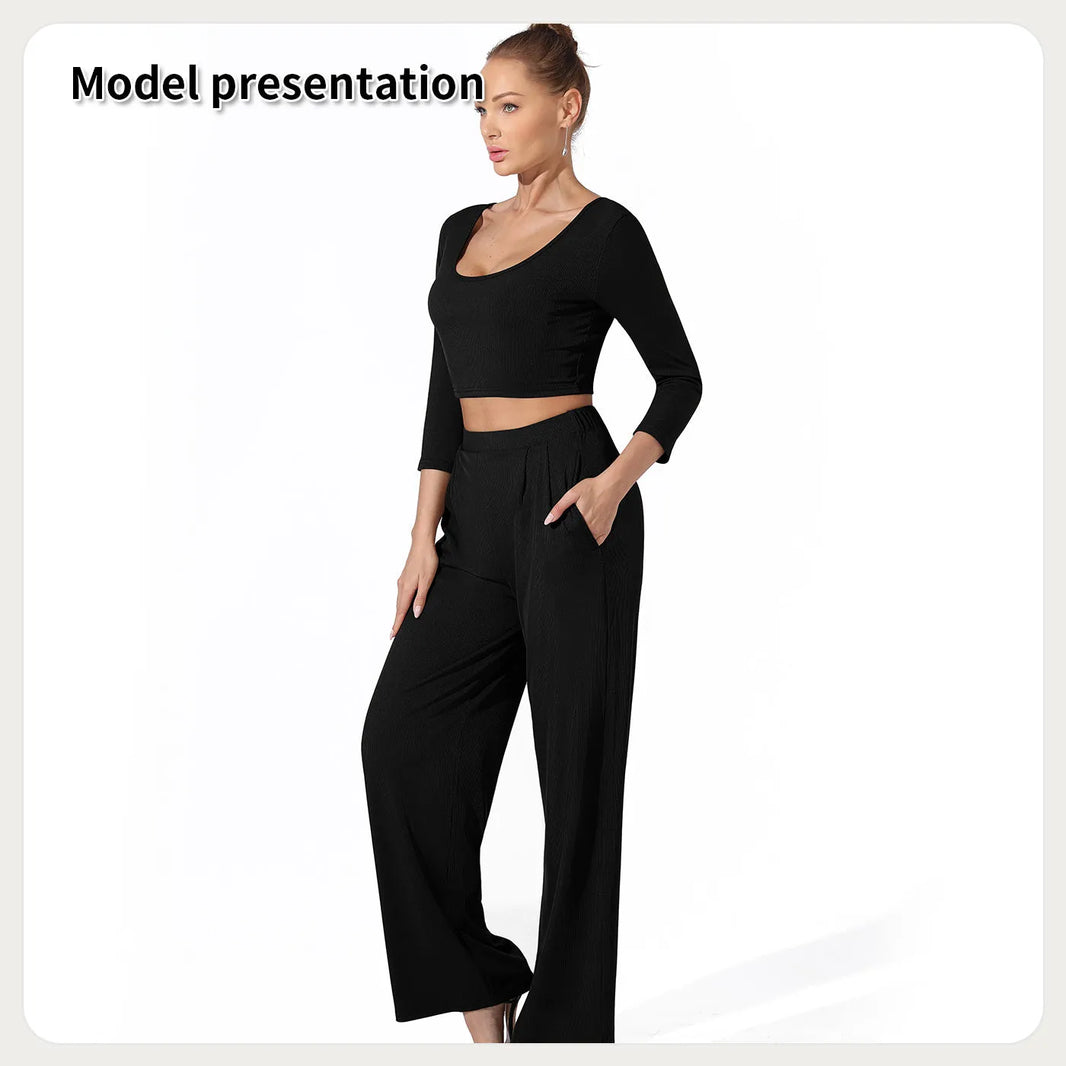 Women Fashion Casual Matching 2pcs set Long Sleeve Crop top and Pant set