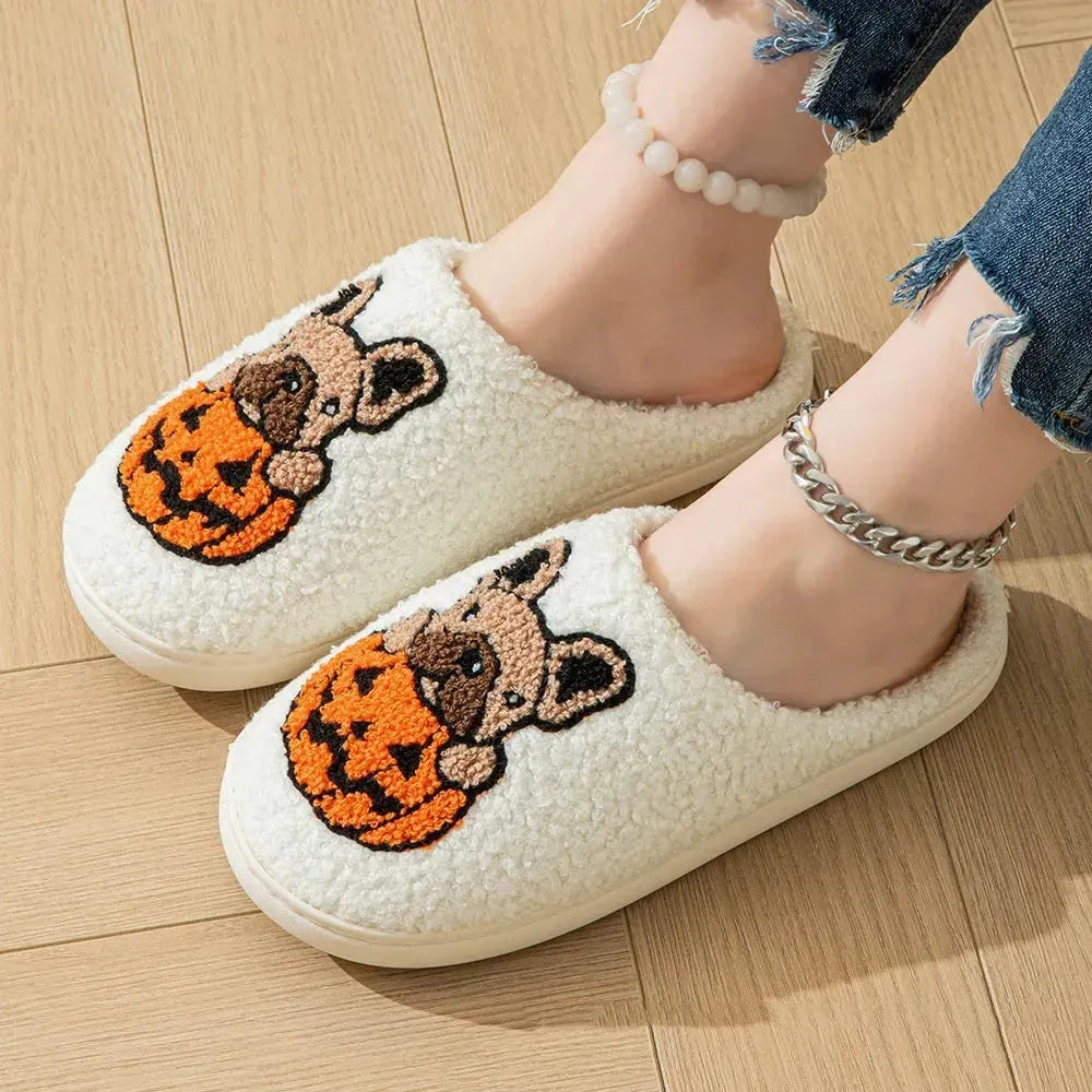 Halloween Pumpkin Dog Embroidered Slippers Cartoon Non-slip Velvet Cotton Slippers Homme Slippers for Women.