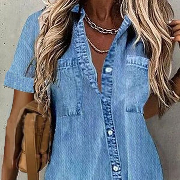 Best Women Loose Denim-like Printed Short-sleeved Shirt Jeans Denim Shirt dress Denim Top dress