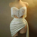 Strapless Tassle  Corset dress Women's Tube Top Rhinestone Chain Skirt Outfit for Evening party Cocktail event