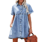 European And American Washed Denim Lapel Ruffled Denim Dress Jeans Flared dress Casual Denim mini dress