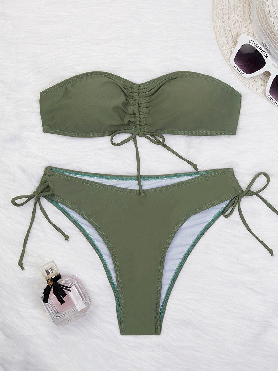 Drawstring Design Tube Bikini Summer Solid Color Sexy Swimsuit For Beach Party Womens Clothing - EX-STOCK CANADA