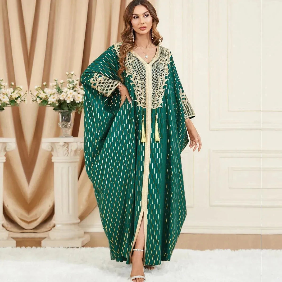 Dubai Turkey Arab Green Gilding Batwing Sleeve Bow Tie Stitching Middle East Popular Plus Size Tassel Split Dress - EX-STOCK CANADA