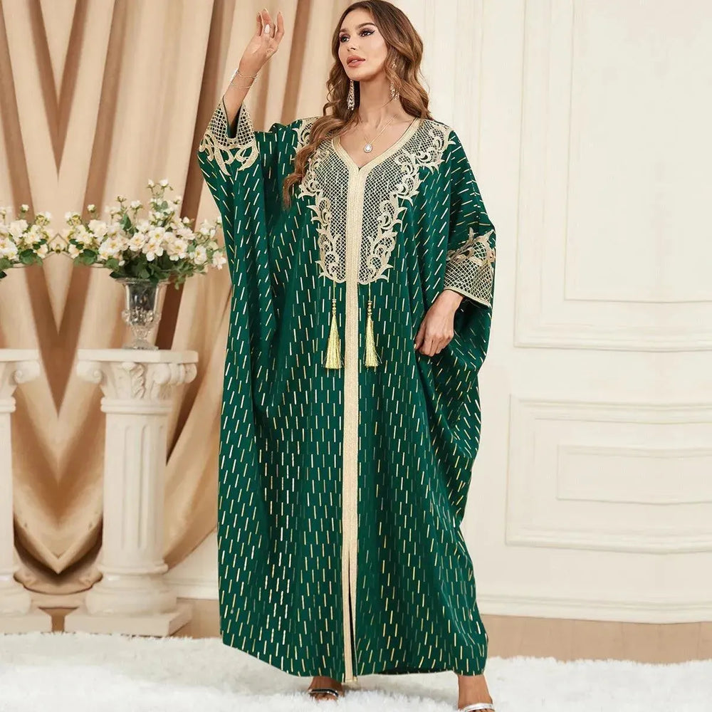 Dubai Turkey Arab Green Gilding Batwing Sleeve Bow Tie Stitching Middle East Popular Plus Size Tassel Split Dress - EX-STOCK CANADA