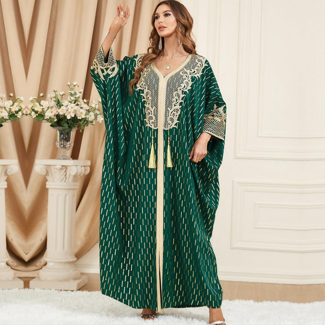 Dubai Turkey Arab Green Gilding Batwing Sleeve Bow Tie Stitching Middle East Popular Plus Size Tassel Split Dress - EX-STOCK CANADA