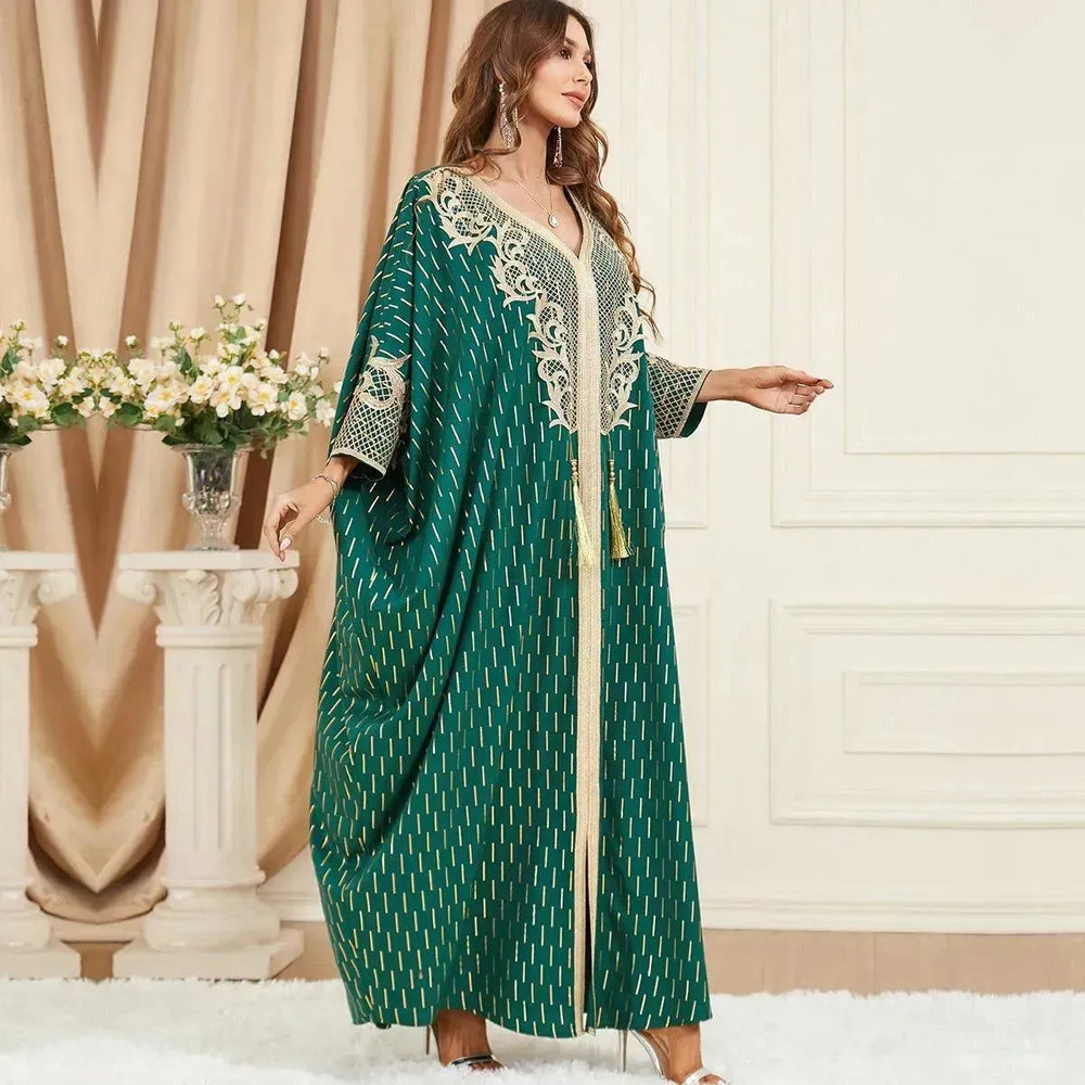 Dubai Turkey Arab Green Gilding Batwing Sleeve Bow Tie Stitching Middle East Popular Plus Size Tassel Split Dress - EX-STOCK CANADA