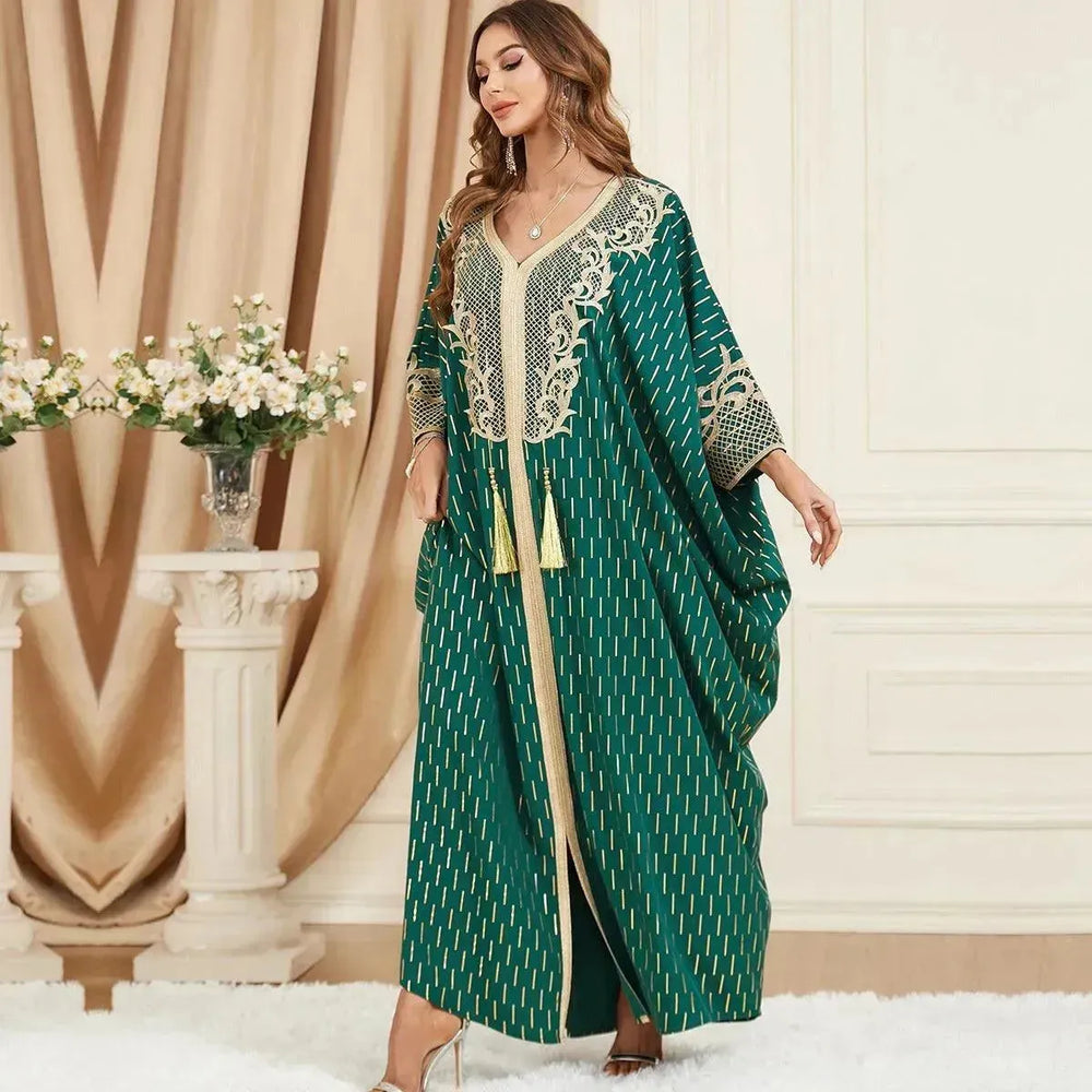 Dubai Turkey Arab Green Gilding Batwing Sleeve Bow Tie Stitching Middle East Popular Plus Size Tassel Split Dress - EX-STOCK CANADA