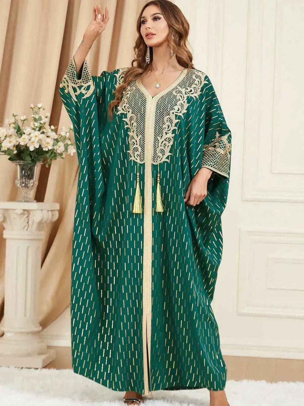 Dubai Turkey Arab Green Gilding Batwing Sleeve Bow Tie Stitching Middle East Popular Plus Size Tassel Split Dress - EX-STOCK CANADA