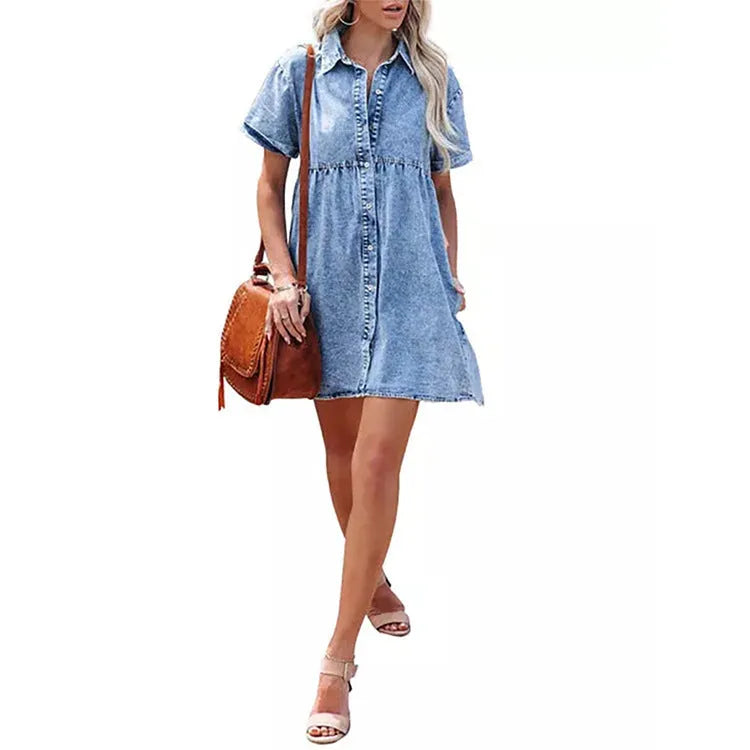 European And American Washed Denim Lapel Ruffled Denim Dress Jeans Flared dress Casual Denim mini dress