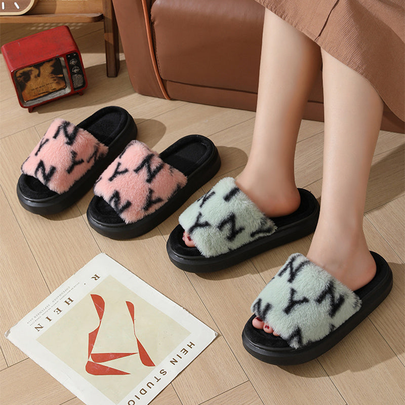 Letter Printed Fuzzy Slippers For Women Fashion Open-toed Plush Slippers Winter Bedroom Floor Fluffy Shoes Home