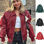 Oversized Fashion Zip-up Lapel Leather Jacket for women