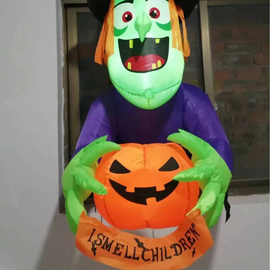 Halloween Climbing Window Witch Holding Pumpkin Inflation Model Halloween Inflatable Decoration.