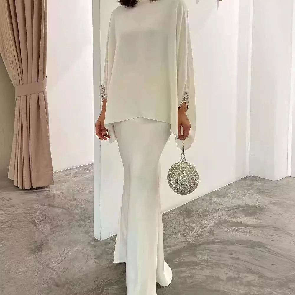 Women's Middle East Pearl Mop Dress Suit Muslim top and Blouse Elegant Matching Muslim Top and Skirt suit  Muslim 2 piece outfit