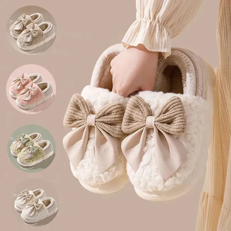 Big Bow-Knot Fluffy Slippers hiver chauds talons couverts Coton Chaussures de plate-forme à semelles épaisses