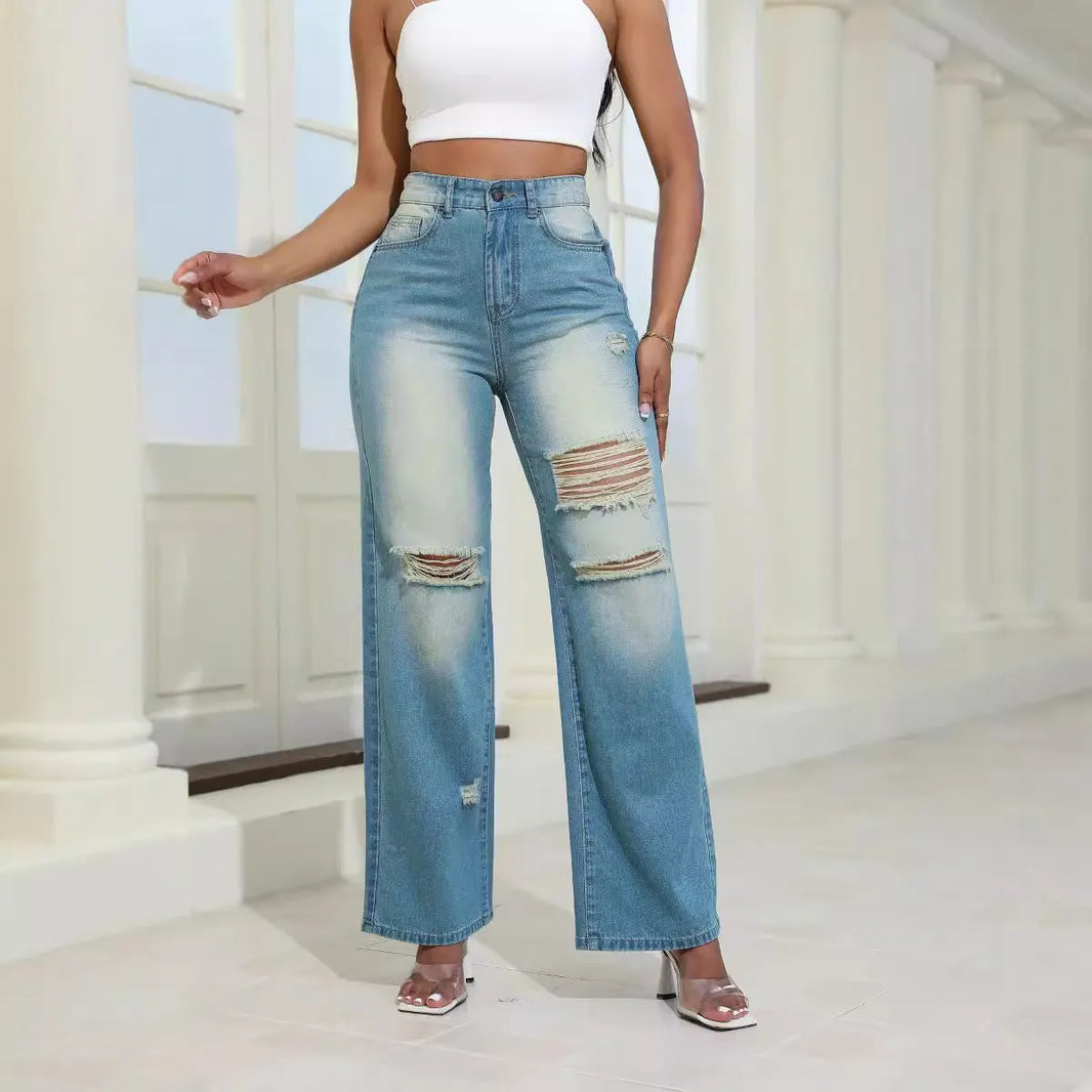 Pantalones de jeans rasgados con cintura alta de moda con bolsillos cómodos pantalones de mezclilla delgados