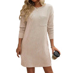 Casual New Solid Color Striped With Pockets Long Sleeve Loose Mini Dress Fashion Round Neck Straight Dress Women's Clothing