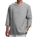 Loose Casual V-neck Top Cotton And Linen Long Sleeve Pullover Shirt Men's Shirt Top