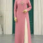 Muslim Women Plain Split Long sleeve Abaya Dress