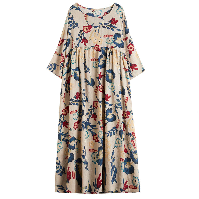 Plus Size Loose Panel Cotton Linen Print Short Sleeve Mum Maxi Dress