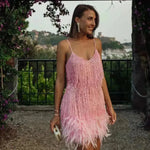 Elegant Chic Spaghetti Strap Luxury Tassel Sequins Feather Women’s Mini Dress for Evening Party, Cocktail Wedding Guest.