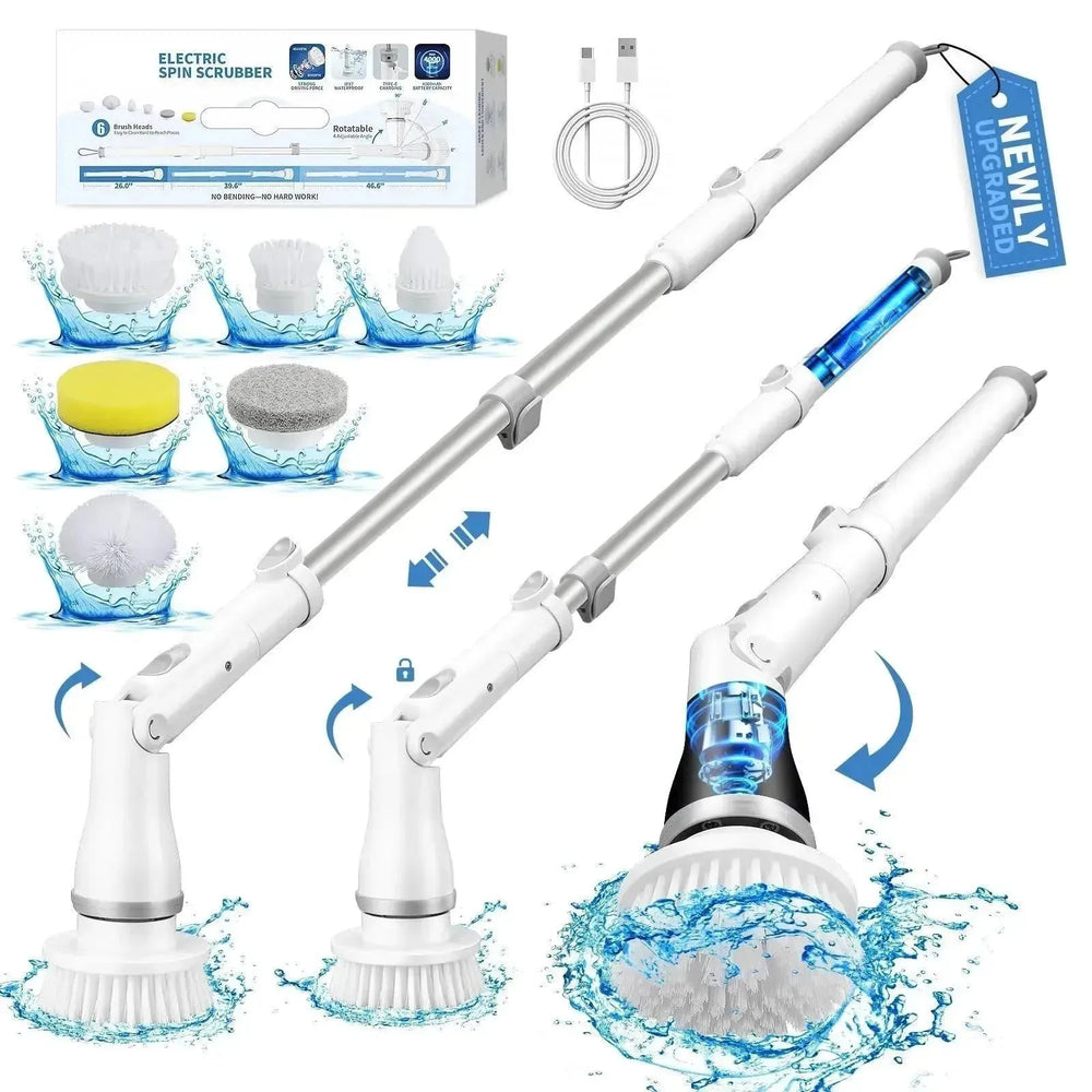 Electric Spin Scrubber, Bathroom Cleaning Brush, With 5 Replacement Heads, Brush With Long Handle For Kitchen, Bathtub, Floor, Toilet, - EX-STOCK CANADA