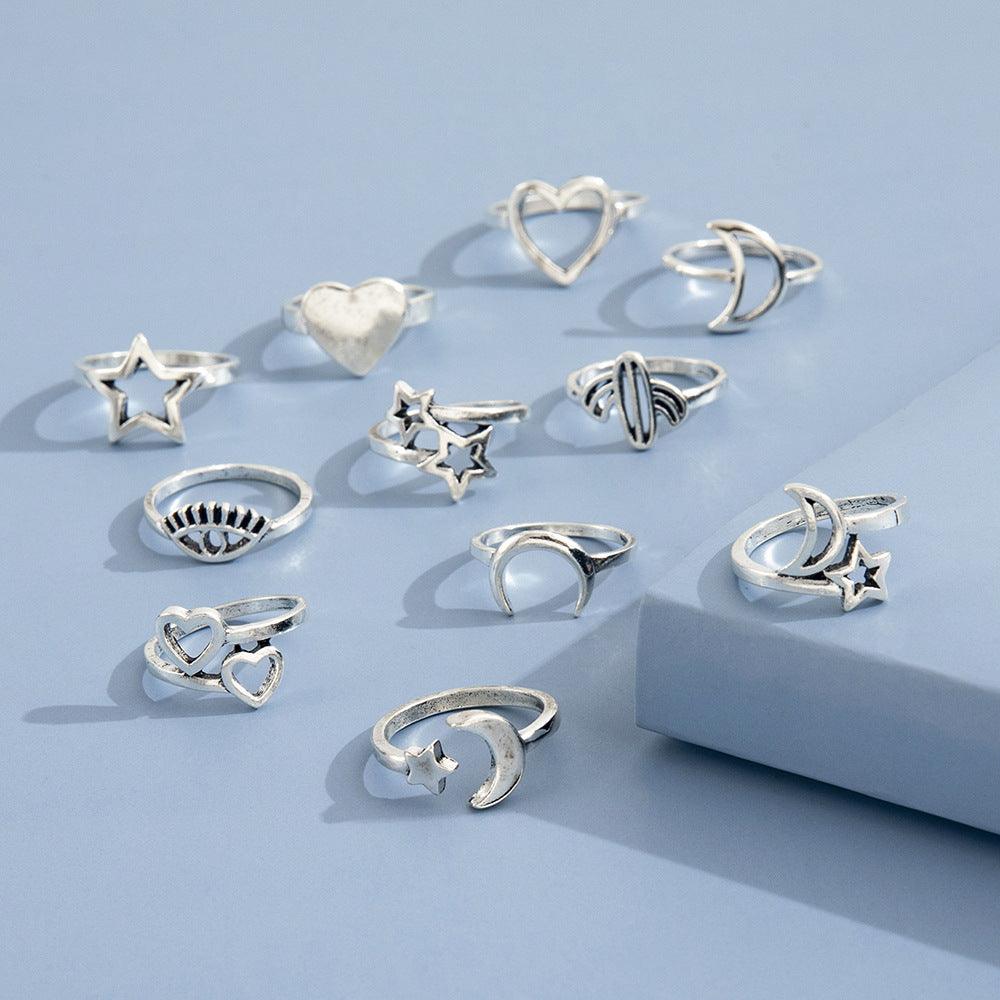Eleven Sets Of Personalized Retro Hollow Love Stars Moon Cactus Eyes Ring - EX-STOCK CANADA