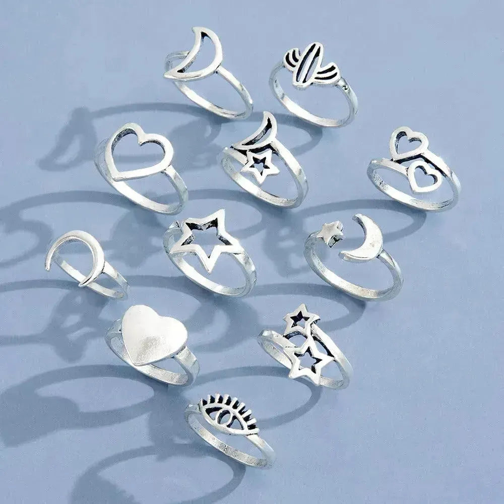 Eleven Sets Of Personalized Retro Hollow Love Stars Moon Cactus Eyes Ring - EX-STOCK CANADA