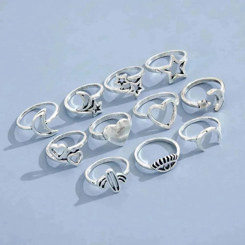 Eleven Sets Of Personalized Retro Hollow Love Stars Moon Cactus Eyes Ring - EX-STOCK CANADA