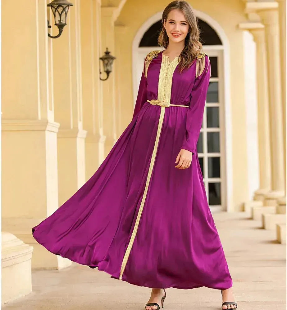 Embroidered Woven Satin Dress With Beads And Tassels Epaulettes for Turkey Dubai Middle East Women Abaya Dress - EX-STOCK CANADA