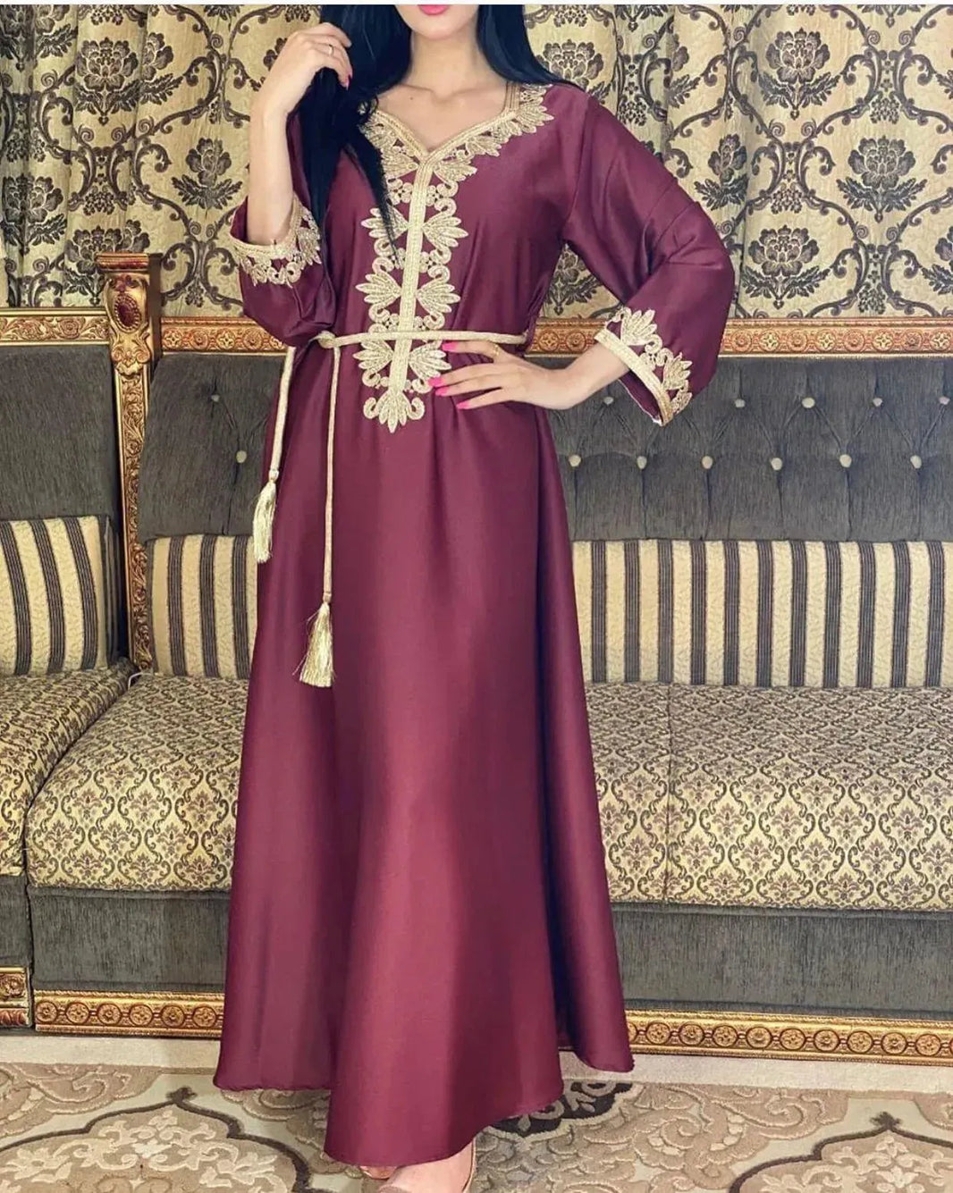 Embroidery Bronzing Lace Jalabiya Abaya Dress for Arab Dubai Turkey Middle Eastern Women - EX-STOCK CANADA